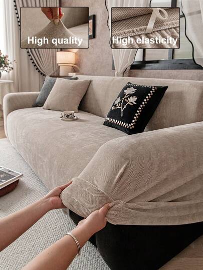 1pc Jacquard Sofa Cover, Chenille Solid Color Elastic Full Wrap-Around Sofa Slipcover, Suitable For All Seasons, Pet-Friendly, Anti-Slip, Anti-Dirty, Anti-Scratch, Machine Washable, Suitable For Home Decor, Holiday Decoration
