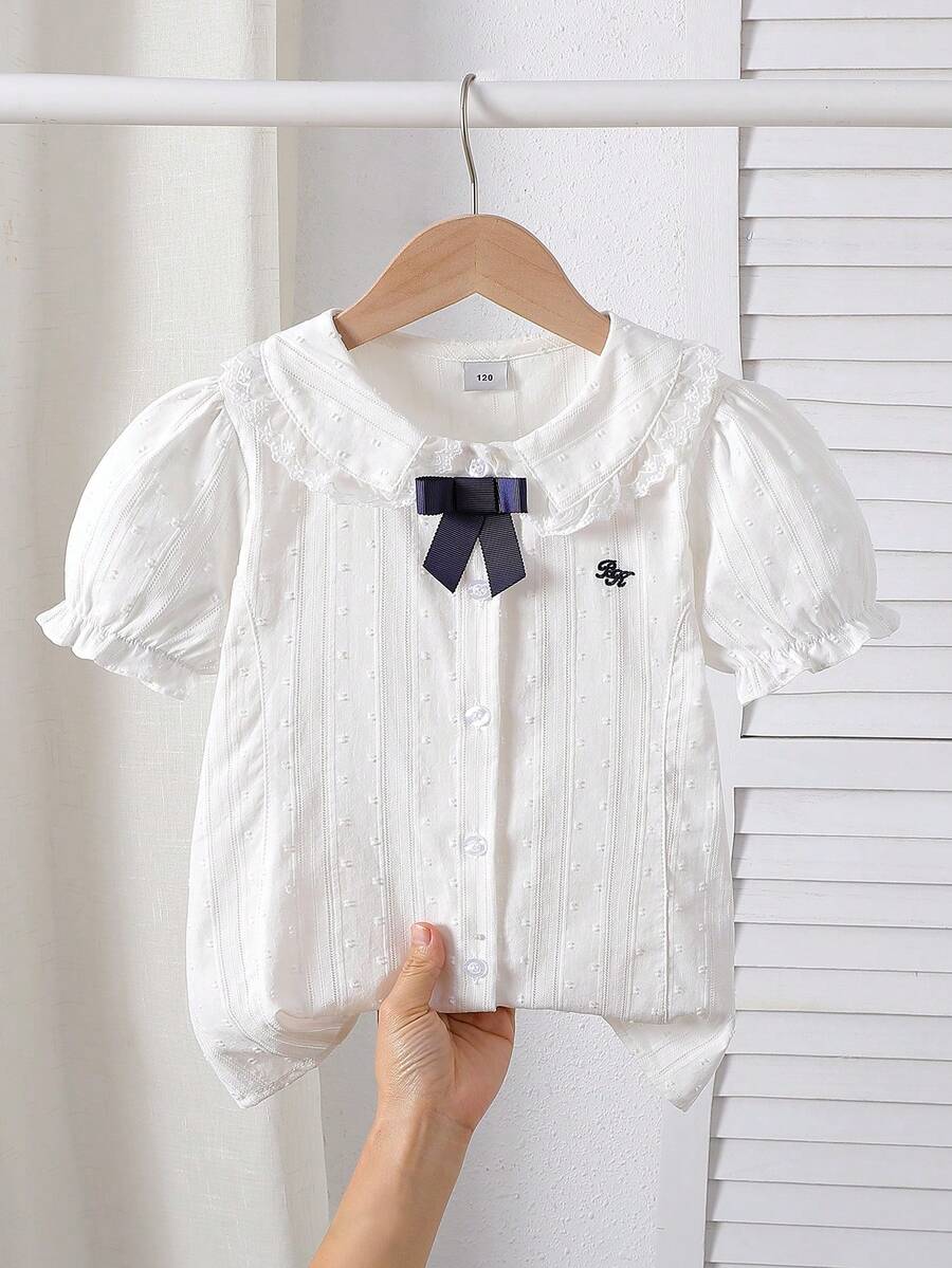 Girls' Peter Pan Collar Short Sleeve Blouse - White - View 1