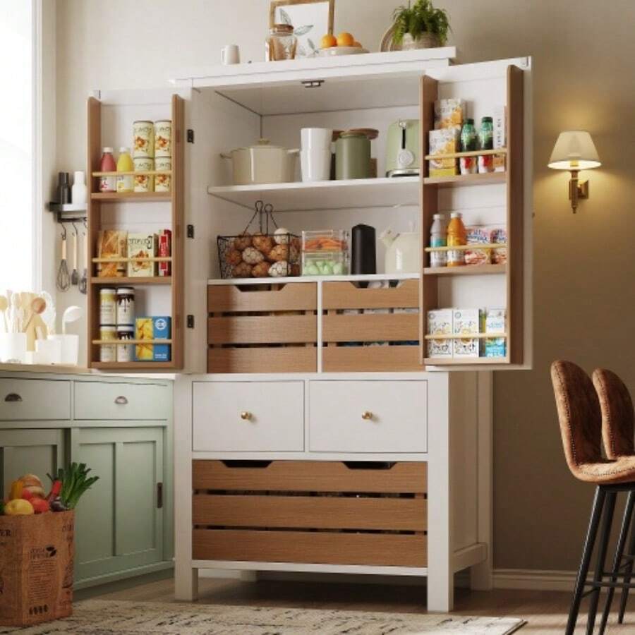 Küchenschrank (80x40x140cm), High Küchenbuffet, Mehrzweckbuffet, Snackschrank, Aufbewahrungsmöbel Mit Zwei Türen Und Fünf Schubladen, Schwarz/Weiß - White + Medium Density Fiberboard - View 1