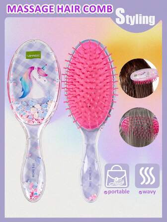 Cepillo para desenredar el cabello con confeti (forma ovalada), cepillo para desenredar el cabello, cepillo de cerdas suaves para masaje, diseño de dibujos animados lindos, con diseño de unicornio, cepillo para cabello mojado, peine de cabello con brillo divertido, cepillos de cabello, cepillo desenredante para niñas, apto para cabello rizado, grueso, fino y largo