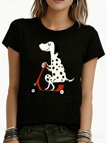 Women T Shirt White Dalmatian Dog Riding Scooter Print Casual Summer Outfit Home Travel Festival Party - 黑色 - 查看 4