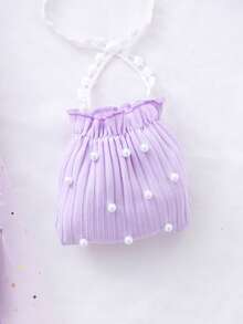 Girls' Summer Short Sleeve Purple Ribbed Splice Mesh Dress + Pearl Mini Handbag, Suitable For Birthday Party, Cocktail Dress - Mauve Purple - View 8