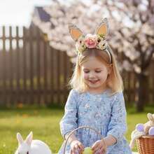 Diadema de Pascua con flores y orejas de conejo, accesorios para el cabello de Pascua para niñas, decoraciones para fiestas, lindo diseño de orejas de conejo y flores pastel, tela suave, ideal para la búsqueda de huevos de Pascua, disfraces de fiesta y accesorios para el cabello del Festival de Primavera. - Caqui - Ver 4