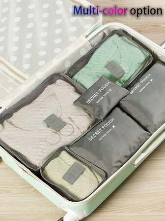 6pcs/Set Foldable Travel Organizer Set - Multi-Functional Luggage Organizer Bags, Waterproof Toiletry Bag, Cosmetic Bag, Luggage Packing Cubes, Compression Pouches, Shoe Bag, Ideal For Makeup, Skincare, Stationery, Electronics, Holiday Gift