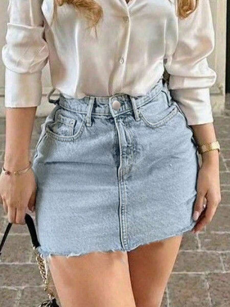 时尚休闲简约女式牛仔迷你裙，百搭经典日常穿着 - 淺色水洗藍 - 查看 1