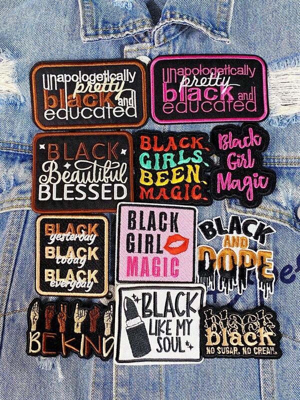 1 Set de 2/6 piezas Parches bordados con letras en inglés de Chica de Magia Negra, Parches de aplicación de moda de poliéster con dibujos animados lindos, Adecuado para mochilas, jeans, chaquetas, camisetas, sombreros, vestidos, etc.