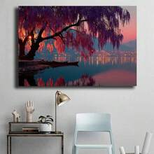 [2D Flat Canvas Wall Art]  Large Canvas Art  1Pc Framed Ready To Hang 2D Flat Purple Tree & Boats Lake Canvas Wall Art, Prints, Posters, Mural, Wall Decor, Room Decor Aesthetic, Wrapped Framed Canvas Print, Home Decor, Living Room Office Decor, Canvas Artwork For, Canvas Decorative Painting - Cozy Lake Sunset Scene, Warm Modern Style, Brings Comfort To Interiors, Suitable For Living Room, Bedroom, Kitchen, Perfect For Adults Who Enjoy Relaxing, Colorful Decor  Canvas Wrapped Inner Frame - Màu tím - Xem 4