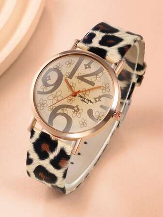 1 件玫瑰金色皮革表带腕表，大数字，石英机芯，男女皆宜，表带图案位置可能有所不同