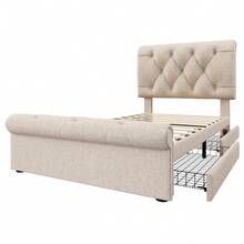(=111297AAN) Single Upholstered Bed 90x200cm, Bed Frame With 2 Drawers And Height-Adjustable Headboard, Chesterfield Functional Bed, Natural, With Mattress - Beige - View 5