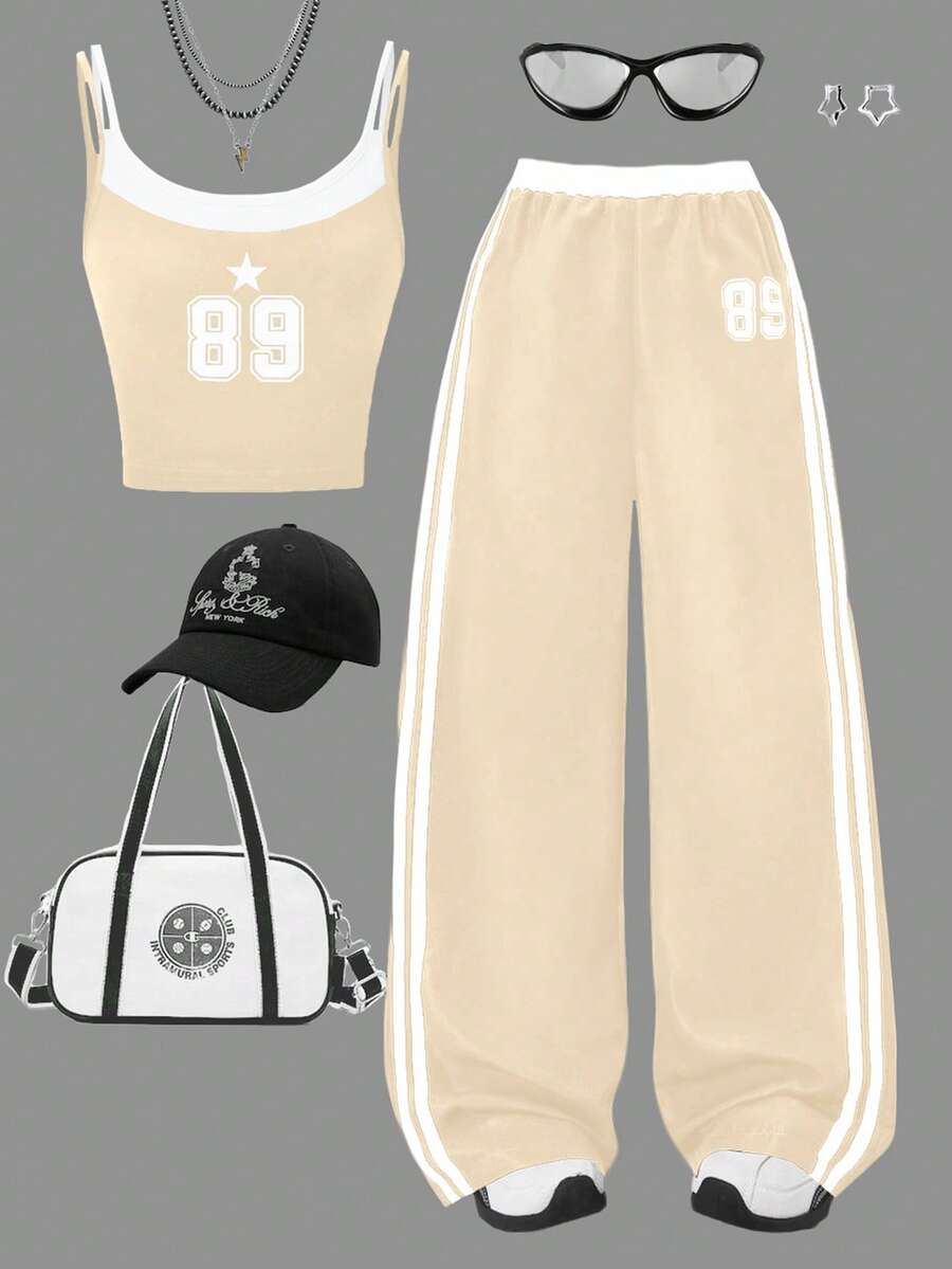 2件套女童休闲新款上衣，数码印花，搭配背心和侧条纹短裤或白色条纹长裤，适合夏季户外活动、日常聚会、旅行和其他场合。 - 杏色 - 查看 1