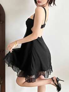Top Dazzle Loose Fit Off Shoulder Mesh Slip Dress - Black - View 3