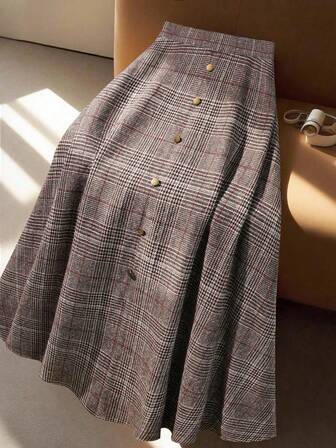  EARO Women's Elegant Long Plaid Skirt, Front Button Design, High Waist A-Line Silhouette, Non-Stretch Fabric