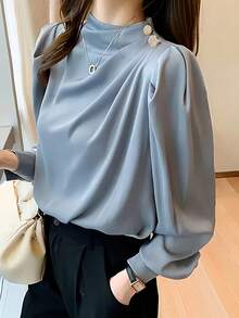 女士立领褶皱泡泡袖长袖休闲衬衫，适合春秋季 - 藍色 - 查看 4