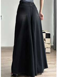 Quần jeans ống rộng dáng suông màu đen kiểu Mỹ mùa Xuân/Thu 2025 mới dành cho nữ, quần culottes ống đứng thời trang thường ngày. - màu đen - Xem 4