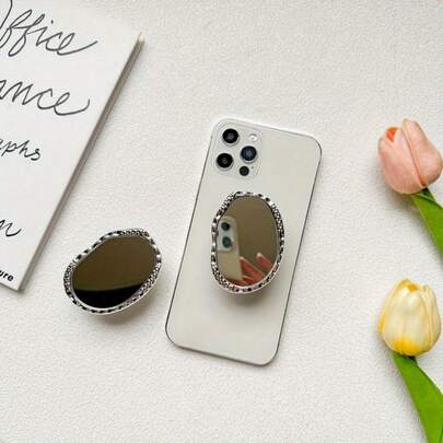 2-In-1 Oval Crystal Phone Holder With Mirror - Retractable Handheld And Desktop Stand, Portable Hands-Free Holder, Multi-Functional Design For Video Watching