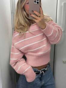 Women's Color-Blocked Striped Top, Off-Shoulder Long-Sleeved Sweater, Casual Street Chic, Popular In Autumn And Winter, Versatile For Office Outfits, Off-Shoulder Top, Pullover For Women, Autumn Clothing For Women,Christmas Women's Clothing,Thanksgiving Outfits For Women.