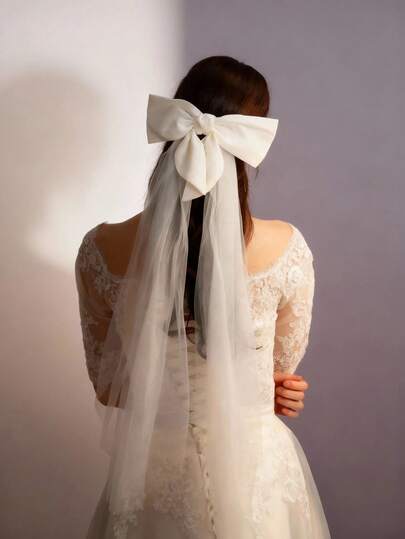 1件装女士优雅白色蝴蝶结手工面纱发饰，新娘婚礼头饰