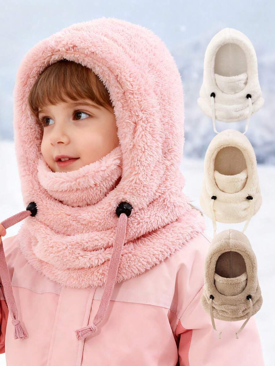 1 chiếc mũ trùm đầu bằng vải lông cừu cho trẻ em - Có dây rút điều chỉnh, nhiều màu sắc mềm mại, thích hợp giữ ấm ngoài trời vào mùa đông, chắn gió và chống lạnh (trượt tuyết, đưa đón trẻ đi học, chơi tuyết) - Mũ bảo vệ tai và khăn quàng cổ - Xem 1