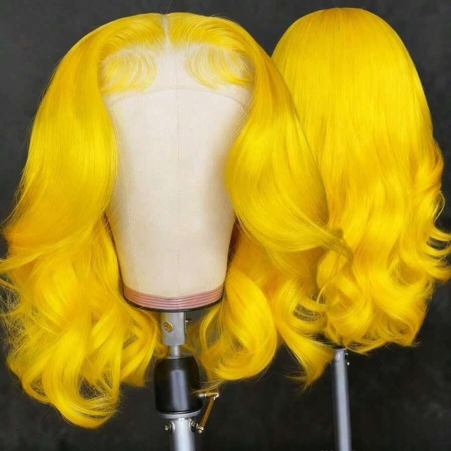 Lemon Yellow Body Wave Bob Wig Human Hair 13x4 HD Transparent Lace Frontal Wigs For Women 200 Density Yellow Colored Short Water Wave Lace Front Wigs Human Hair Glueless Wigs Pre Plucked Bleached Knots - Yellow - 查看 1