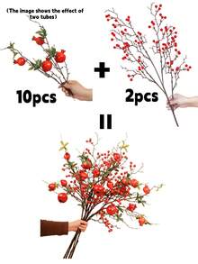 Artificial Pomegranate Floral Decor - Red Berry Branches, Dark Stems, Maintenance-Free, Suitable For Home, Office, Christmas, Halloween, Wedding And Party Decorations - Durable Autumn/Winter Harvest Theme Decor, Stylish Display, Realistic Berries, Designer-Level Decoration.