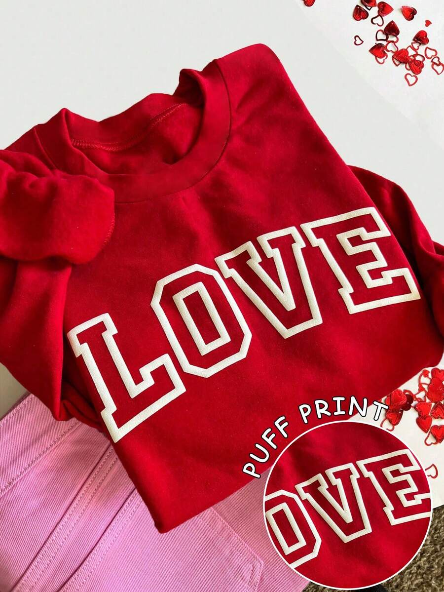 Puff Print Valentine's Day Sweatshirt, LOVE Sweatshirt, Valentine's Day Gift Spring Clothes For Women, Women's Dropped Shoulder Crew Neck Long Sleeve Casual Sweatshirt - Multicolor - View 1