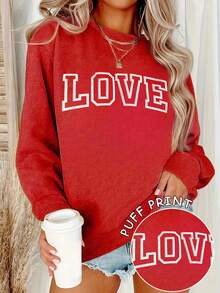 Puff Print Valentine's Day Sweatshirt, LOVE Sweatshirt, Valentine's Day Gift Spring Clothes For Women, Women's Dropped Shoulder Crew Neck Long Sleeve Casual Sweatshirt - Multicolor - View 2