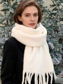 1pc Women's Winter Scarf, Black Faux Cashmere Poncho, Thick & Warm, Women's Fashion Solid Color Tassel Fleece Scarf, Outdoor Ladies Shawl - A - View 3