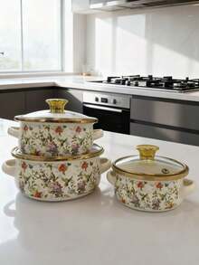 3pcs Thickened Enamel Coated Cookware Set, Includes Dual-Handled Pot With Lid, Stew Pot, Soup Pot, Noodle Pot, Mini Hot Pot, Suitable For Cooking Porridge, Milk, Stewing, Gas Stove And Induction Cooktop