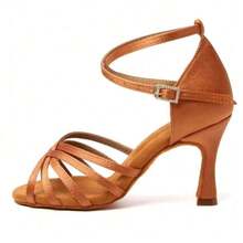1 Pair 2.8 Inch Women's Latin Dance Shoes, Soft Sole Satin Material, Professional Dance School Performance Shoes - Brown - View 2
