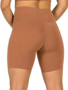 High-Waisted Fitness Shorts With Pockets, Ideal For The Gym, Cycling, Gymnastics, And Outdoor Activities. - Camel - View 2
