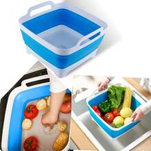 N Collapsible Dish Pans For Washing Dishes 9L Portable Wash Dish Basin Foldable Laundry Tub With Drain Plug For Kitchen Sink Camping RV Accories White Blue - 白藍 - 查看 4