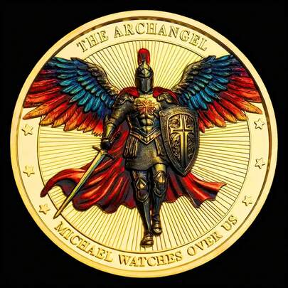1pc Colored Gilded St. Michael The Archangel Commemorative Coin With Wings, Knight Warrior Collector Coin, Challenge Coin