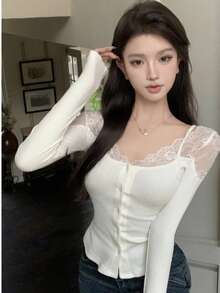 Women's Autumn/Winter New Lace Patchwork Pure Elegant Long Sleeve Slim Fit Knit Top - White - View 6