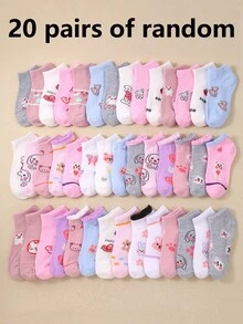 20 Pairs Girls Cute Pink Ankle Socks, Suitable For Daily Wear, With Heart & Rabbit Prints, Lace Trim, Breathable & Soft, (1-16 Years Old) - Multicolor - View 21