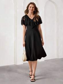 Amorya Women's Contrast Lace Ruffle V-Neck Elegant Fashion Dress - Black - View 3