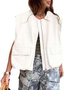 Womens Casual Zip Up Vest Cargo Oversized Ruched Hem Sleeveless Blazer Jackets Tops - White - View 2