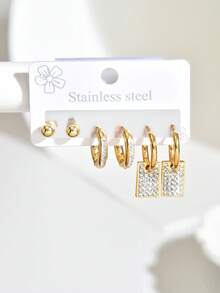 6pcs/Set Elegant Zirconia Small Hoop Earrings, Stainless Steel, Suitable For Daily Wear (Random Crystal Quantity) - Gold 874 - View 20
