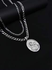 1pc Vintage Portrait Stainless Steel Necklace Round Pendant, Unique Personalized Accessory, High-End Multi-Layer Necklace For Men, Suitable As Birthday Gift For Friends - View 1