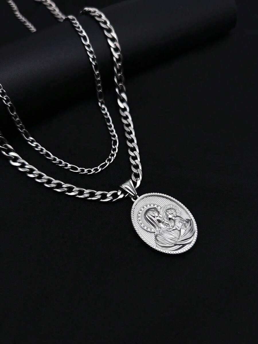 1pc Vintage Portrait Stainless Steel Necklace Round Pendant, Unique Personalized Accessory, High-End Multi-Layer Necklace For Men, Suitable As Birthday Gift For Friends - View 1