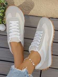 Pantofi sport casual cu talpă groasă pentru femei, design nou cu blocuri de culoare, pantofi de alergare la modă cu șireturi, potriviți pentru purtare zilnică, mers pe jos, alergare, naveta, skateboarding pentru studenți - Bej - Vizualizare 3