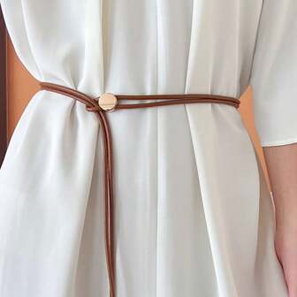 1pc Women's Fashion New Soft Leather Metal Round Buckle Decor Casual Knotted Skinny Waist Belt, Suitable For Dresses And Shirts, Adjustable Size