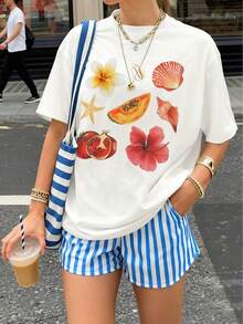 女士Y2K时尚休闲百搭度假纯色简约风格花卉、贝壳、海星、水果图案圆领短袖T恤，春夏款