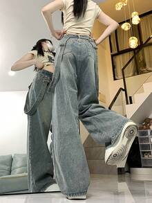 Detachable Suspender High Waist Loose Baggy Flare Leg Jeans, Retro Niche Style - Blue - View 10