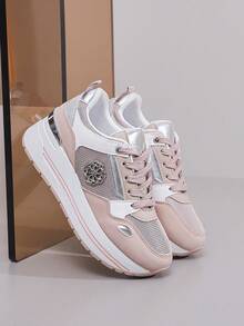 AMEIRATE Gentle Style Versatile Casual Sports Shoes, Round Toe Lace-Up Retro Metal Buckle Design, Comfortable Breathable Platform Height-Increasing Shoes - Pink - View 4