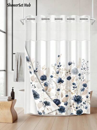 1pc Wite Navy Blue & Beige Elegant Floral Shower Curtain Bathroom Set, Luxury Botanical Print Waterproof And Wear-Resistant Bathroom Decor And Accessories,No Hook Shower Curtain With Snap In Liner With Snap Polyester Fabric - Washable,Easy To Disassemble And Portable, With A Semi-Transparent Top That Allows Good Light Transmission., Perfect For Holiday Decor,Home/Bedroom/House/Western,Spring Decorations