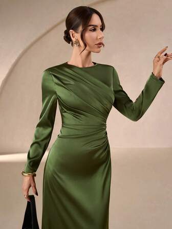 Women's Elegant Formal Office Commuter Casual Holiday Party Vintage Teacher Autumn Middle Eastern Style Solid Color Round Neck Waist Pleated A-Line Satin Long Sleeve Maxi Dress, Solid Color