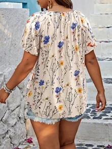 Plus Size Women V-Neck Tie Dye Floral Print Ruffle Sleeve Vacation Blouse - Multicolor - View 2