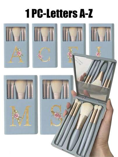 1set Five Portable Cosmetic Brush Sets With Mirrors, Purple Flowers And Gold Letters A-Z, Boxed Cosmetic Brush Sets, Multifunctional Cosmetic Brushes With Mirror Boxes, Mini Multifunctional Cosmetic Pens, Foundation Make-Up Brushes, Eye Shadow Brushes, Beginner Beauty Tools Mixing Brush Makeup Organizer's Makeup Rack Includes Cosmetic Brushes, Convenient Girl Gifts Makeup Tool Sets Ideal Gifts, Portable Travel Supplies Travel Necessities,The Ideal Gift For Makeup Lovers
