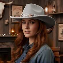 Vintage Western Hat Felt Cowgirl Hat With Decorative Belt Casual Jazz Cap For Women Men - 灰色 - 查看 3
