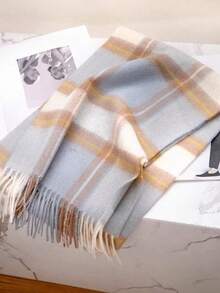 1pc 100% Wool Plaid Scarf For Women, High-Quality Shawl, 2025 New Design, Winter Neck Warmer, Birthday Gift - Baby Blue - View 3